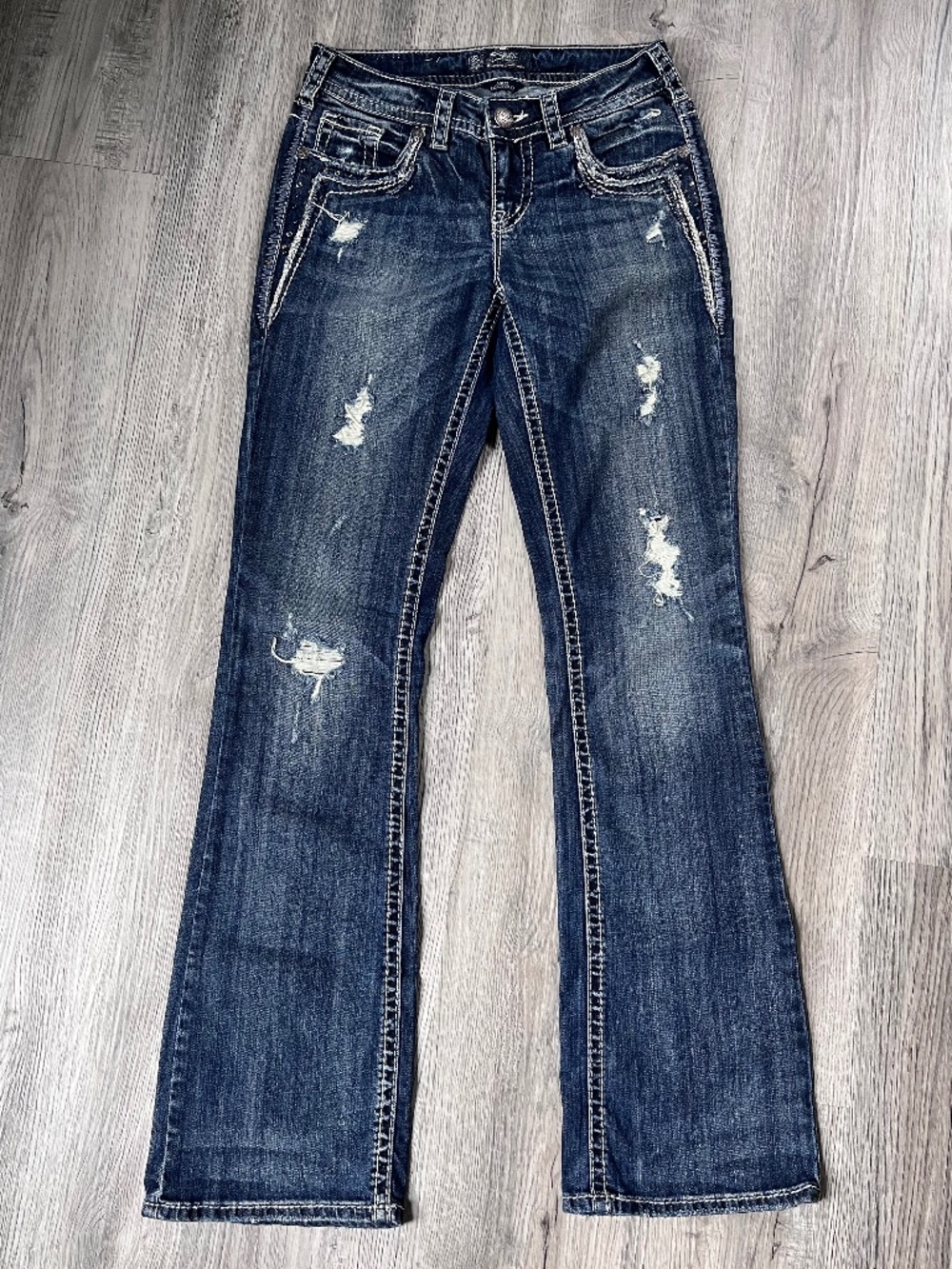 Silver Jeans Women's Boot Cut Distressed Dark Blue Denim
